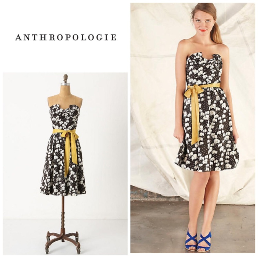 Anthropologie A-line Porridge Dress, Black White Elephant print, Size 4